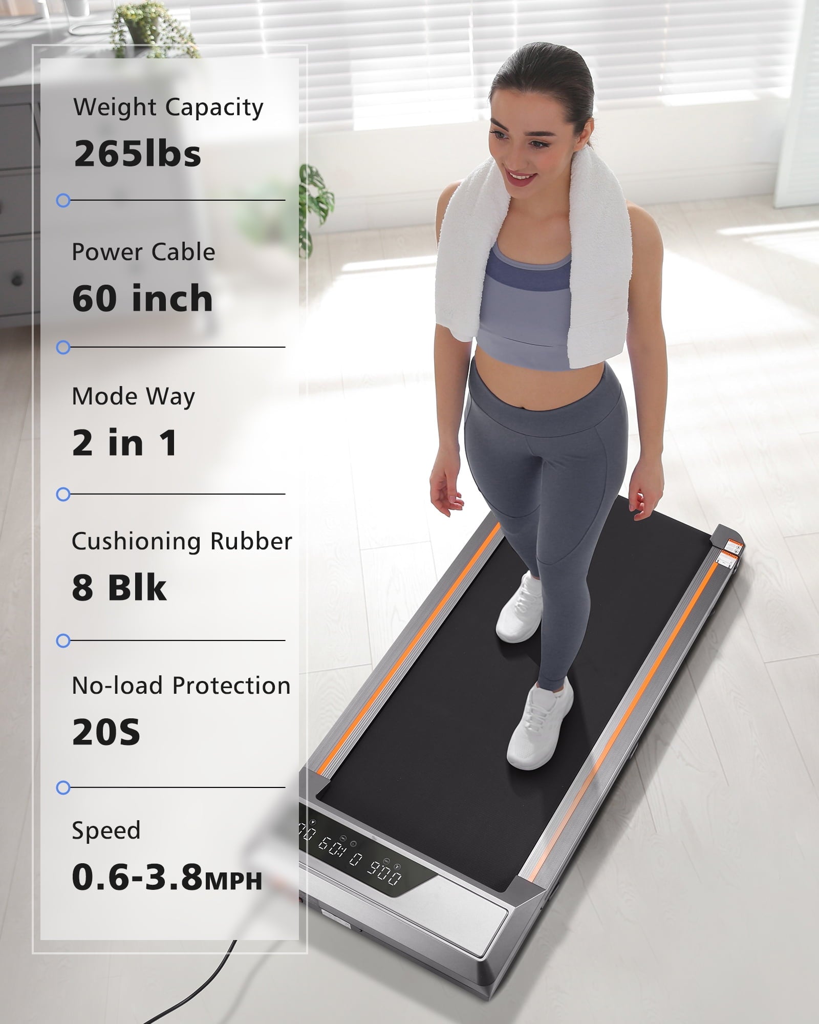 Naipo Treadmill Walking Pad 2.5HP with Large LCD Display Portable Wheels and Max Capacity 265lb for Home Use